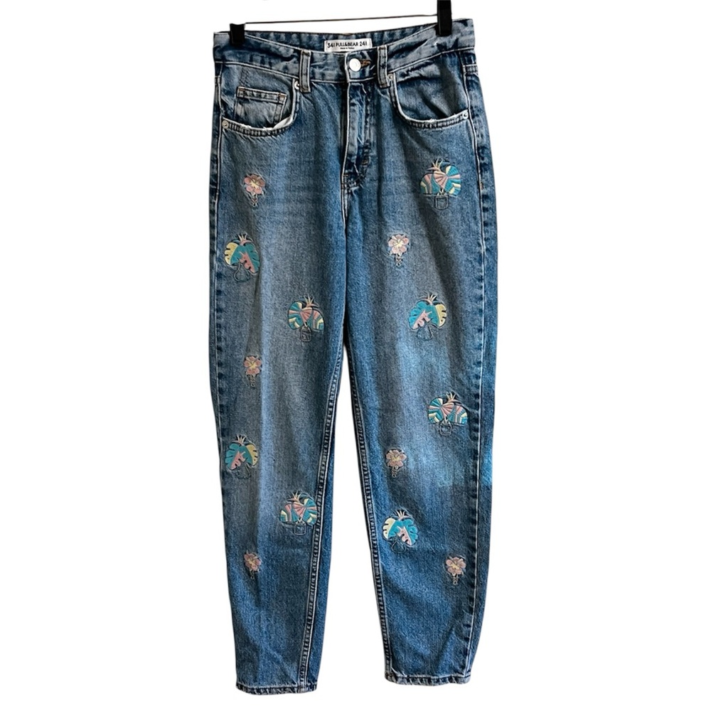 Pull&Bear Blue Ankle Cropped Denim Jeans Whimsical Floral Plants Design US 24
